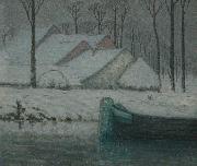 William Degouwe de Nuncques Snowy landscape with barge oil painting artist